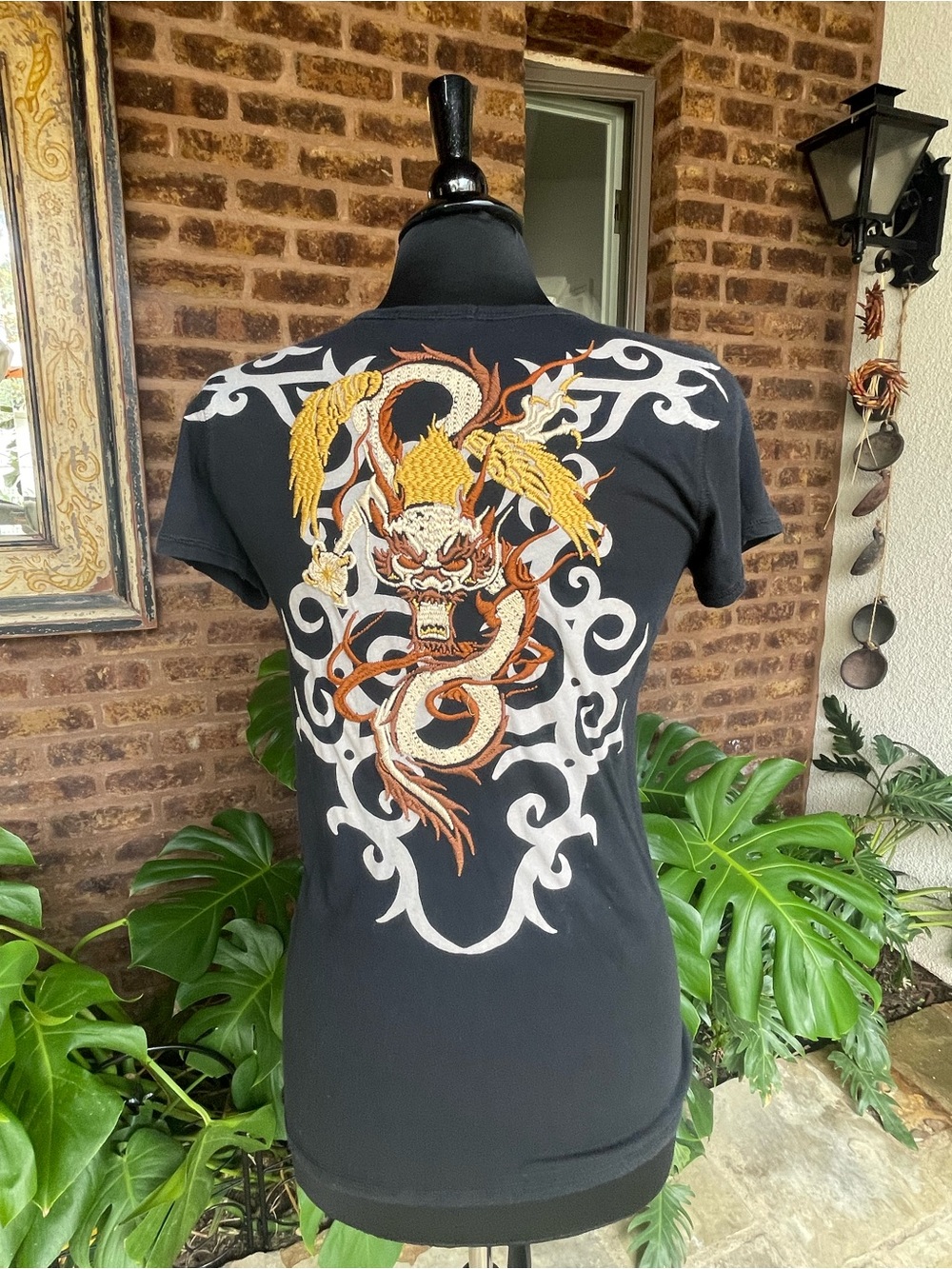 Black Short-Sleeve Graphic Henley Tee with Embroidered Accents